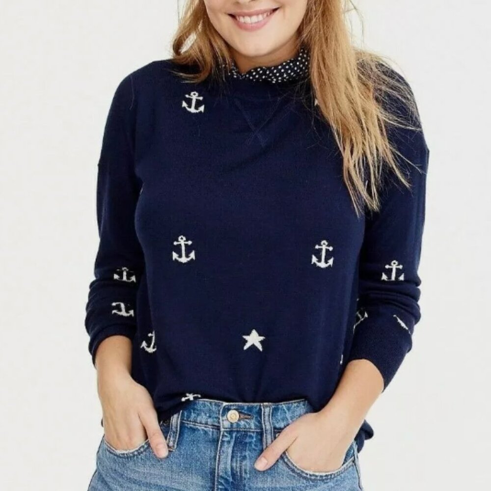 J. Crew Merino wool crewneck sweater in anchors and stars, size L Item: J0972